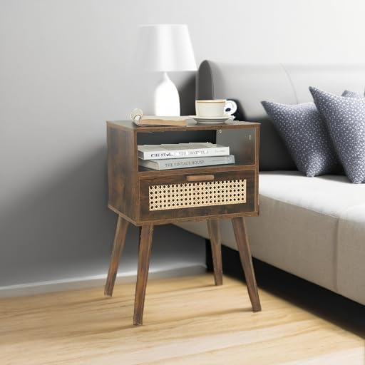 MaxSmeo Mid Century Nightstand, Rattan Side Table with Drawer, Wood Modern Bedside Table for