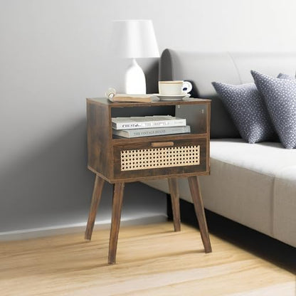 MaxSmeo Mid Century Nightstand, Rattan Side Table with Drawer, Wood Modern Bedside Table for