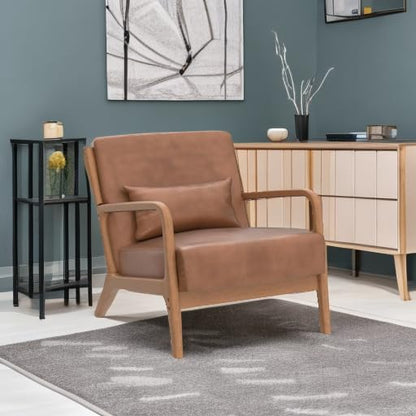 INZOY Mid Century Modern Accent Chair with Wood Frame, PU Leather Reading Armchair with Waist