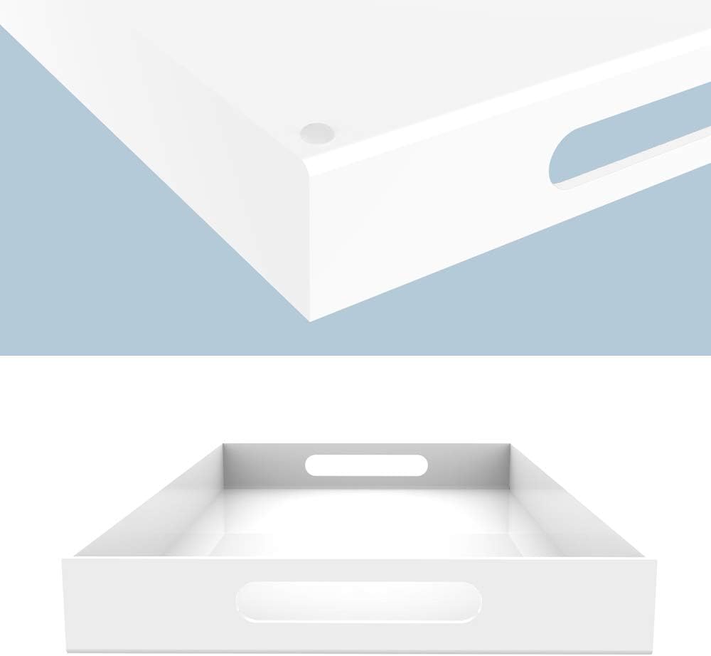 White Acrylic Serving Tray for Vanity, Bathroom, Outdoor, Food and Décor with Handles (Rectangle