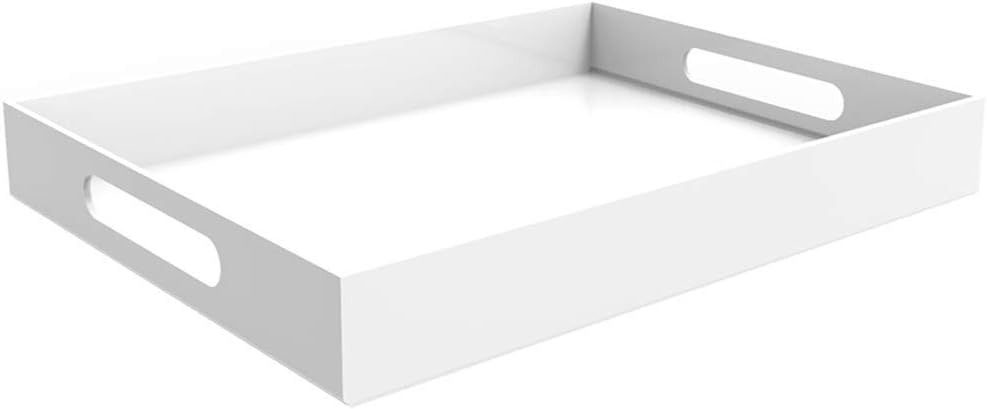 White Acrylic Serving Tray for Vanity, Bathroom, Outdoor, Food and Décor with Handles (Rectangle