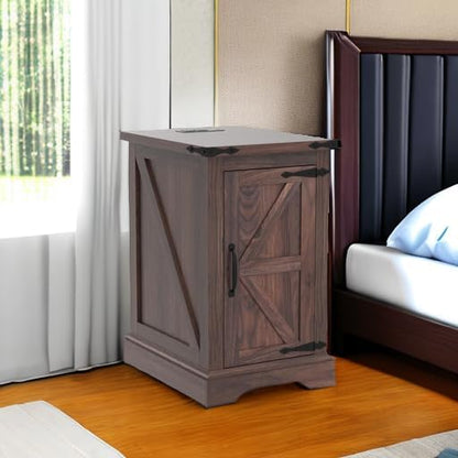 JXQTLINGMU Nightstand with Charging Station, Rectangular Farmhouse End Table with Barn Door and
