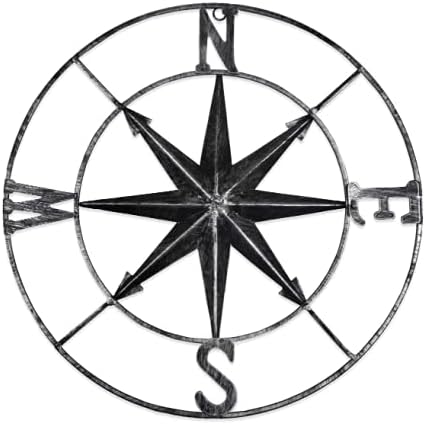 aboxoo Round Metal Compass Decorative Compass Metal Wall Art Hanging Wall Sculpture 22.8 Inch Black