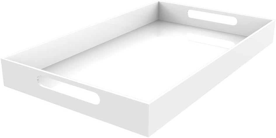 White Acrylic Serving Tray for Vanity, Bathroom, Ottoman, Organizer and Décor with Handles