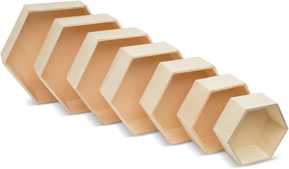 Wooden Hexagon Floating Shelves with Backs, 2 Sets of 7, Unfinished for Crafts and DIY Wall Décor: