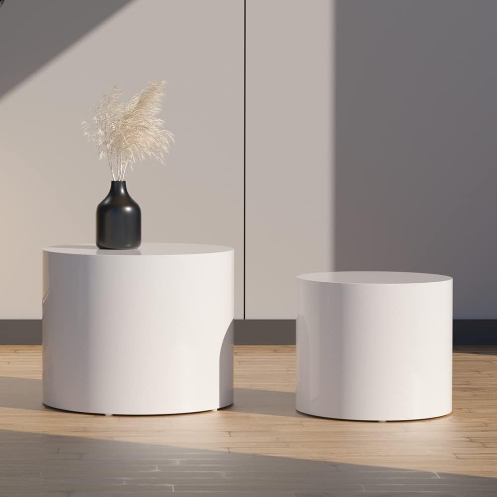 WILLIAMSPACE Nesting Coffee Table Set of 2, Matte White Round Wooden Coffee Tables Modern Circle