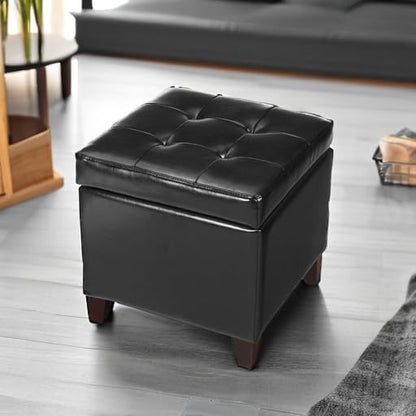 Adeco Storage Ottoman Foot Rest Stool, Leather Ottoman Footstool with Wood Legs and Hinged Lid, 18"