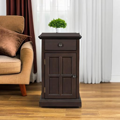 Traditional Wood End Table with Charging Station, Modern Vintage Sofa Chair Side Table Nightstand