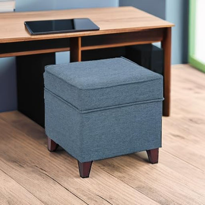 Adeco 17" Square Ottoman with Storage, Small Blue Storage Ottoman Foot Rest with Hinged Lid & Solid