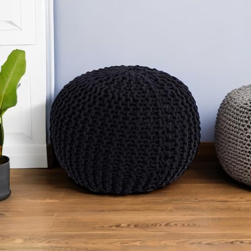 BIRDROCK HOME Round Pouf Ottoman | Cotton Braided Foot Stool with Bean Bag Filling | Boho Foot Rest