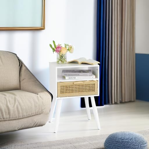 MaxSmeo White Nightstand with Drawer, Mid Century Modern Nightstand, Rattan Side Table, End Table