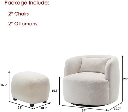KINWELL 34" Wide 2 Boucle Swivel Barrel Chairs and 2 Ottomans Set, Fully Assembled Sherpa Accent