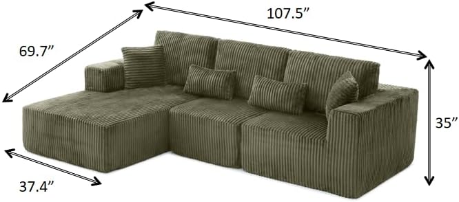 Modular Sectional Sofa Cloud Sectional Couch, 135" Comfy Fluffy L Shaped Olive Green Couches for