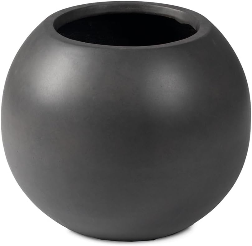 Ash & Ember Onyx 24" D Ceramic Indoor Outdoor Round Sphere Planter, Charcoal, Home Décor Evergreen