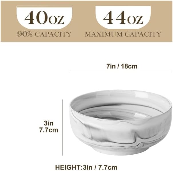 MALACASA Large Soup Bowls Set, 44 OZ (7") Salad Bowls Cereal Bowls Set of 2,Marble Grey Ceramic