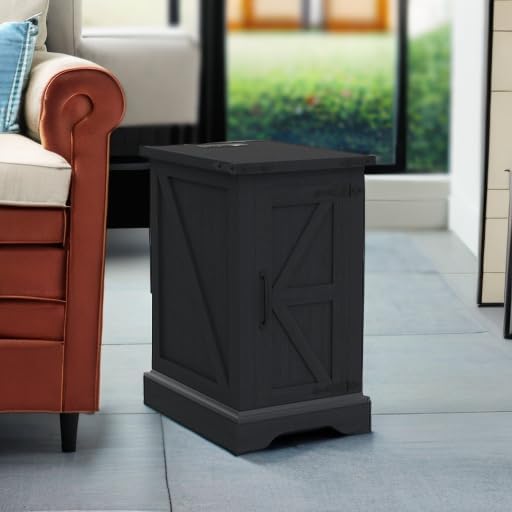 JXQTLINGMU Nightstand with Charging Station, Rectangular Farmhouse End Table with Barn Door and