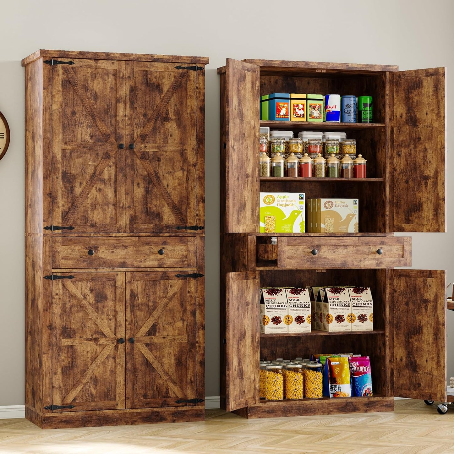 Pantry Organizers and Storage Cabinet, 70” Barn Door White Kitchen Cabinet with Drawers and