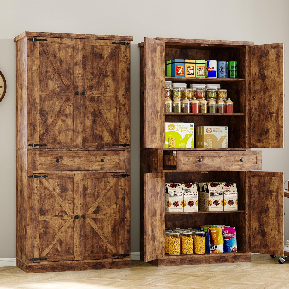 Pantry Organizers and Storage Cabinet, 70” Barn Door White Kitchen Cabinet with Drawers and