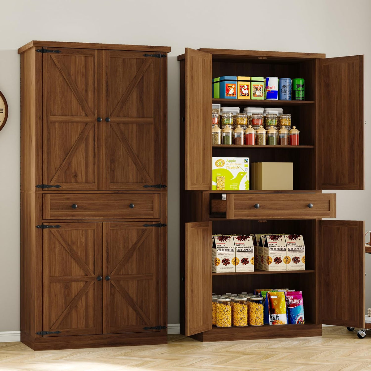 Pantry Organizers and Storage Cabinet, 70” Barn Door White Kitchen Cabinet with Drawers and