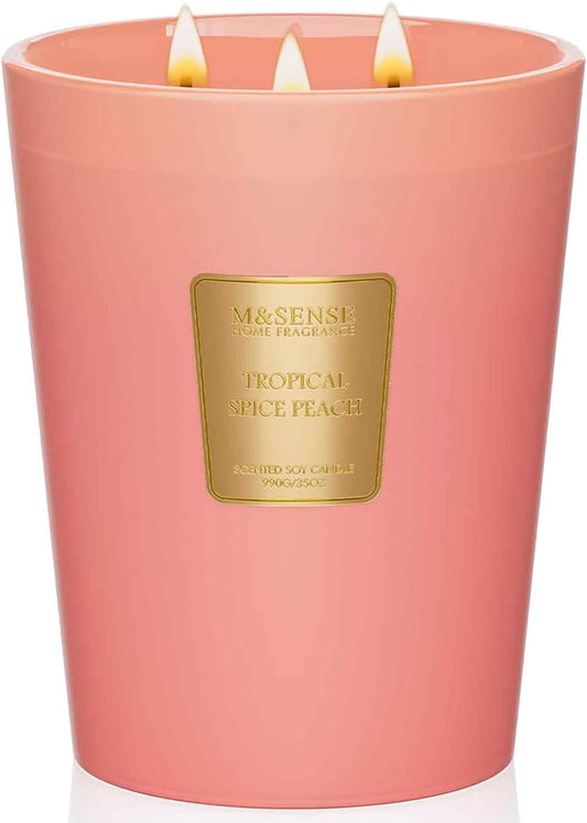 M&SENSE Tropical Spice Peach Scented 35oz 150H Burn Time, 3-Wick Natural Aromatherapy Candle Highly