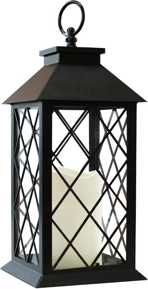 Bright Zeal 13.5" Black Vintage Candle Lantern with LED Pillar Candle and Timer - IP44 Waterproof