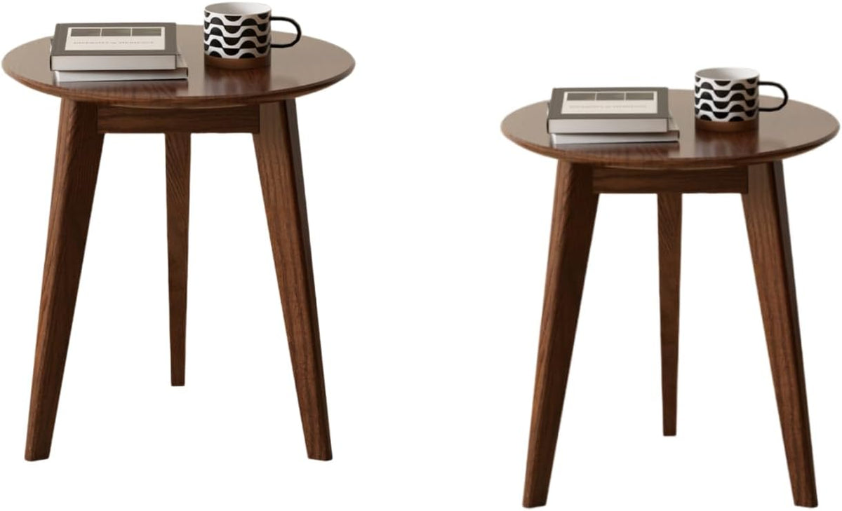 100% Solid Oak Round Side Table Set of 2, Small Bedside Table for Small Spaces, Living Room End
