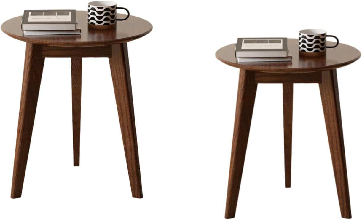 100% Solid Oak Round Side Table Set of 2, Small Bedside Table for Small Spaces, Living Room End