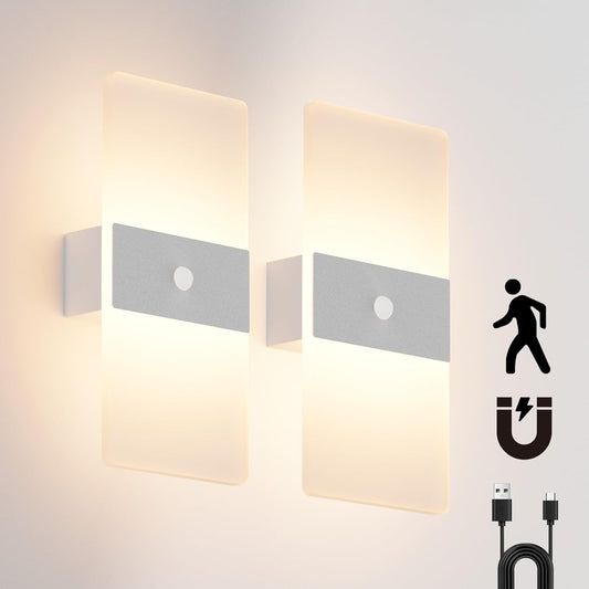2 Pack Motion Sensor Wall Lights, Morden Silver Decorative LED Indoor Night Light, 3000K Warm Light