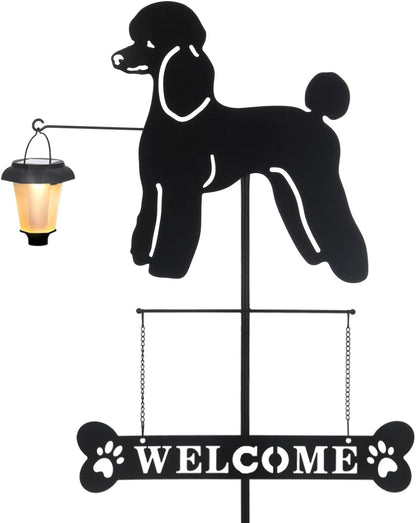 BAYN Solar Poodle Garden Stakes Decorative with a Lantern Dog Silhouette Welcome Sign Outdoor