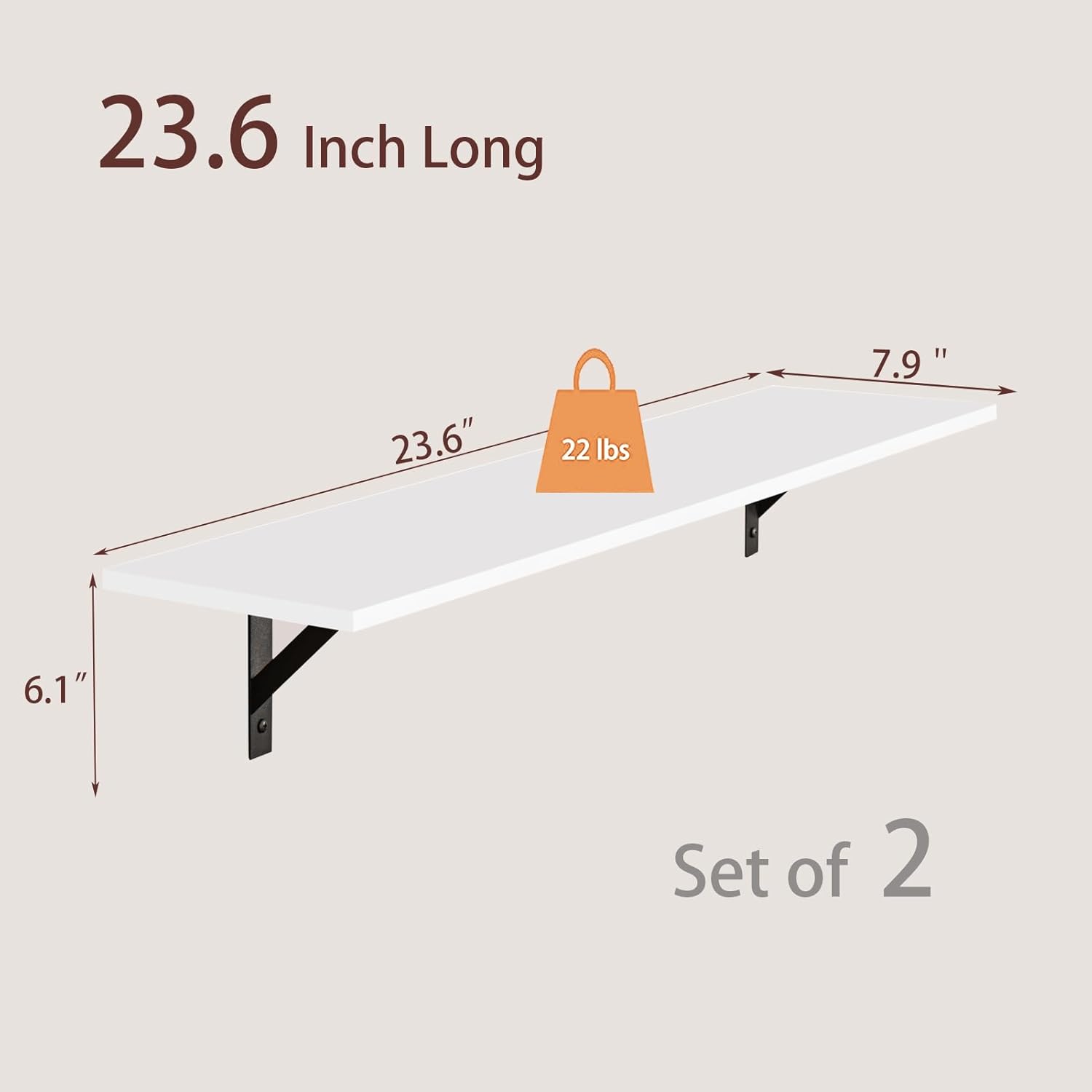 DINZI LVJ Long Wall Shelves, 24 Inch White Floating Shelves Set of 2, Easy-to-Install, Wall Storage