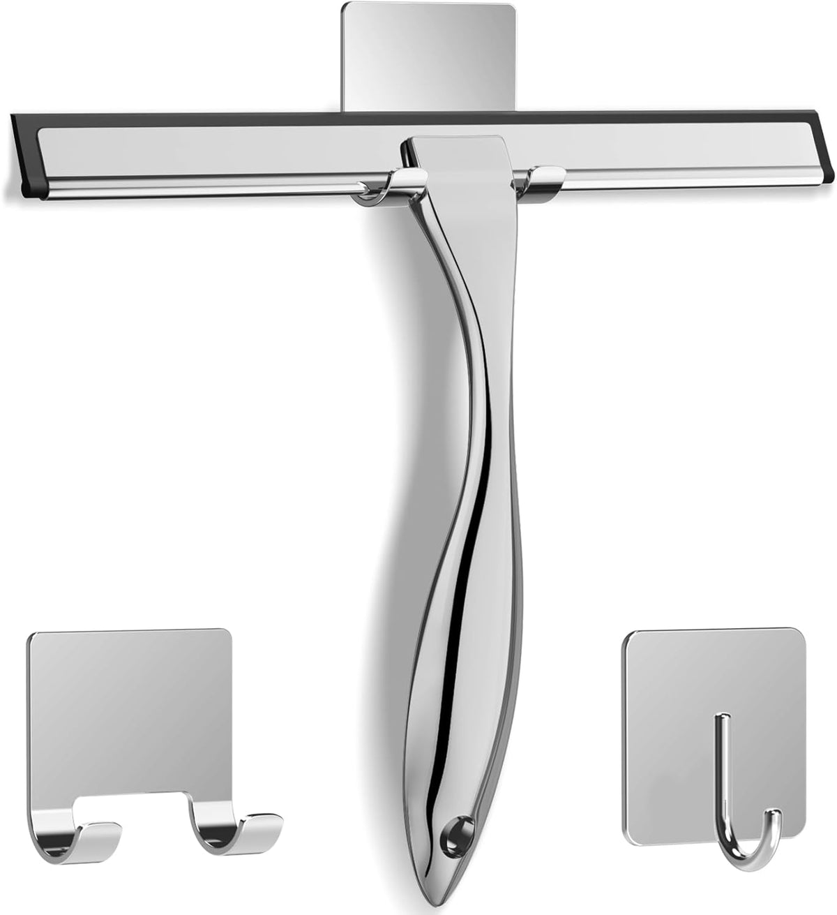 All-Purpose Stainless Steel Shower Squeegee for Shower Glass Door with 2 Adhesive Hooks, Bathroom