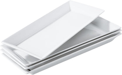 Rectangular Ceramic Serving Platters Set of 4, 14 inch Large Porcelain Serving Plates, White
