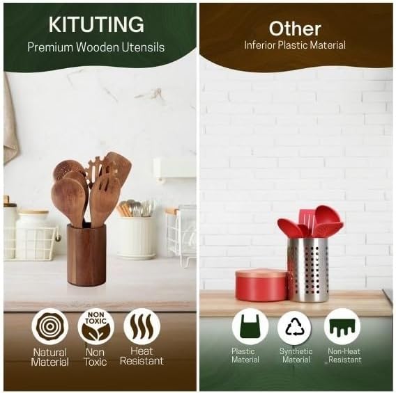 Wooden Spoons for Cooking Set of 10 - Cooking Utensils with Spoon Rest & Holder – Comfortable Grip