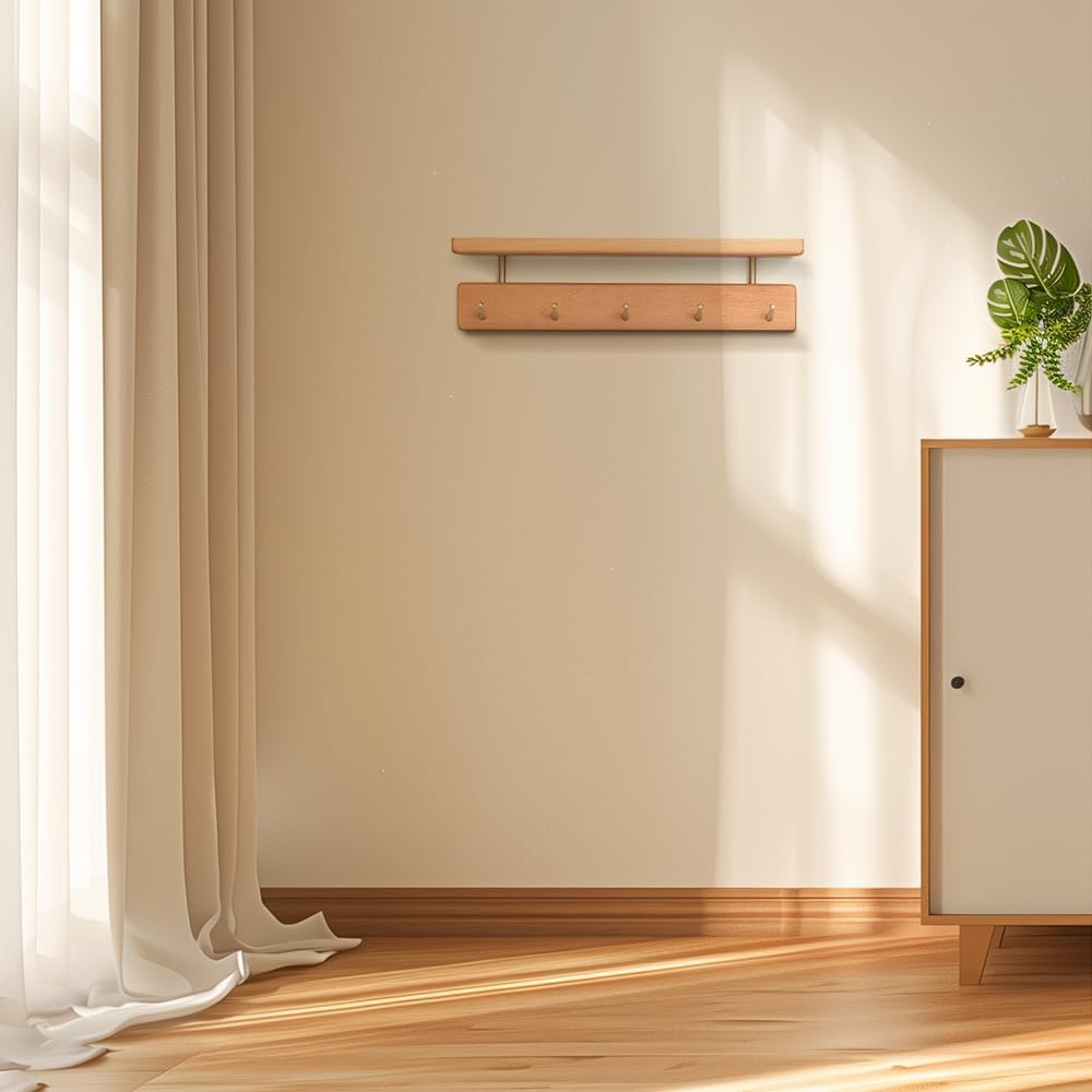 Shelf with Hooks, Solid Wood Bedroom Shelves for Wall, Wooden Coat Rack Wall Mount for Bathroom