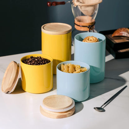 Sweejar Kitchen Canisters Ceramic Food Storage Jar, Stackable Containers with Airtight Seal Wooden