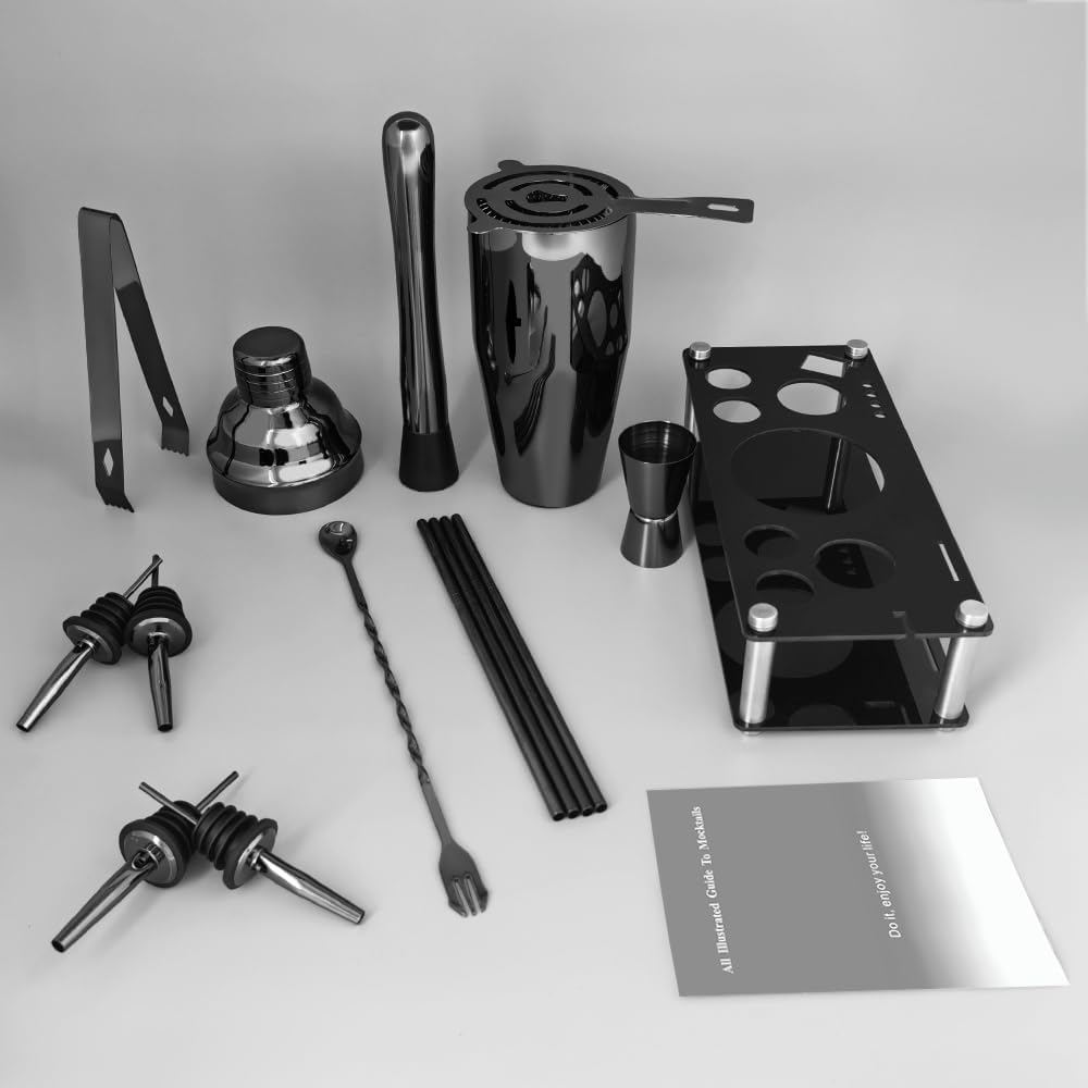 14-Piece Cocktail Shaker Set Bartender Kit with Black Stand, Bar Tool Set for Drink Mixing