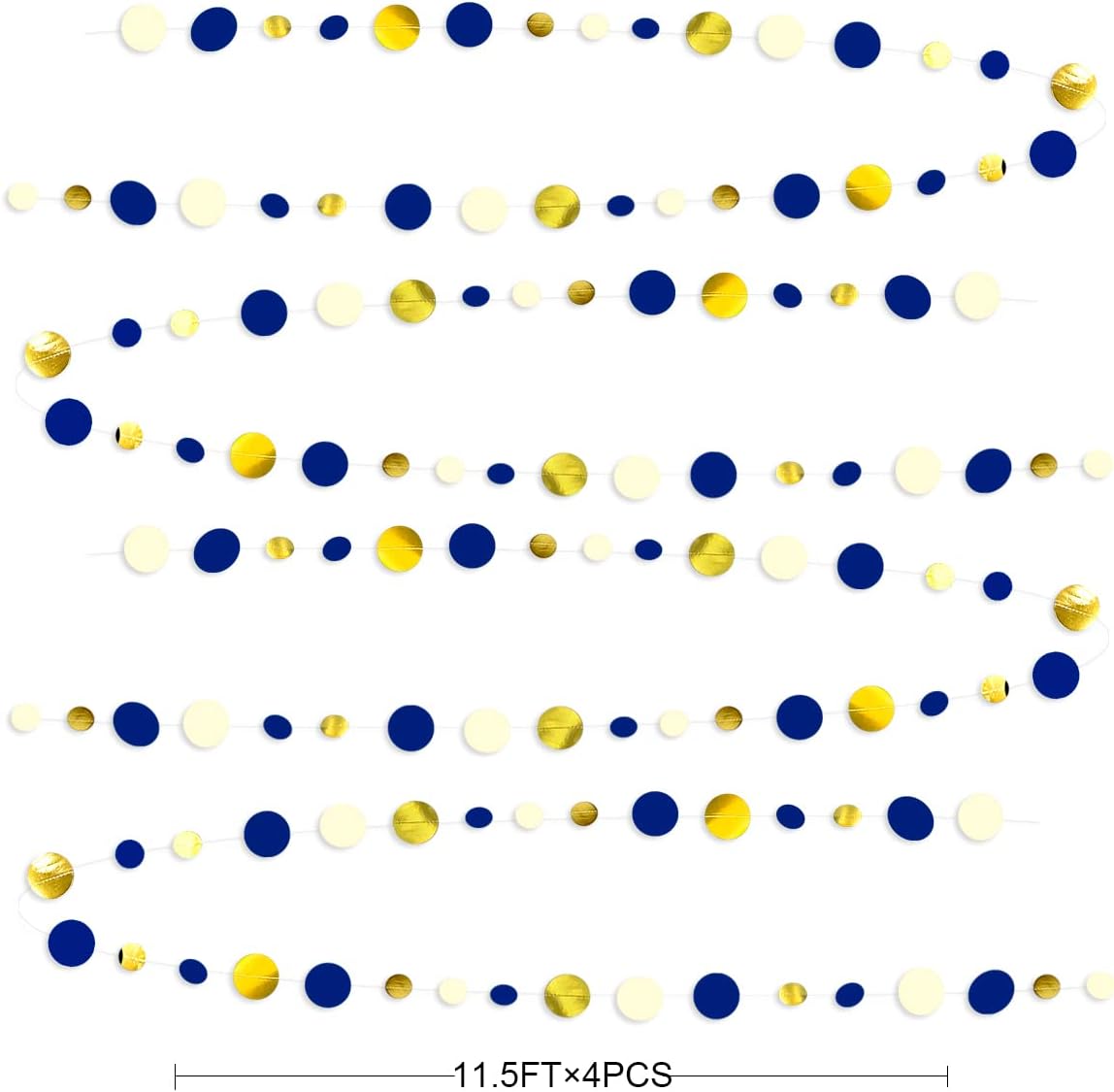 46 Ft Navy Blue and Gold Circle Dots Garland Royal Blue Hanging Paper Polka Dot Streamer for