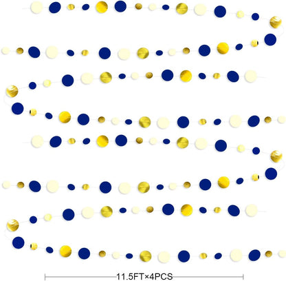 46 Ft Navy Blue and Gold Circle Dots Garland Royal Blue Hanging Paper Polka Dot Streamer for