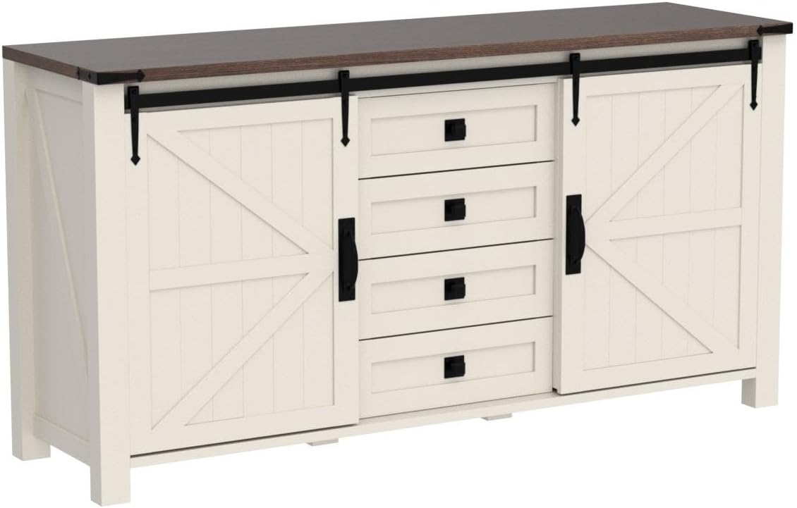 T4TREAM 60'' Farmhouse Dresser Chests for Bedroom w/4 Drawers & Sliding Barn Doors, Tall Chest of
