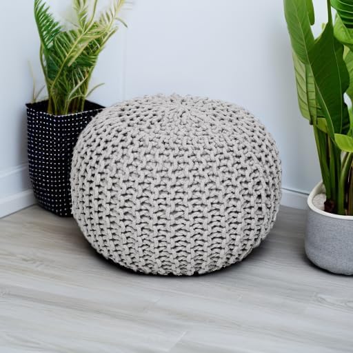 REDEARTH Round Boho Pouf Ottoman - Cable Knitted Cord Boho Pouffe - Stuffed Poof Accent Beanbag