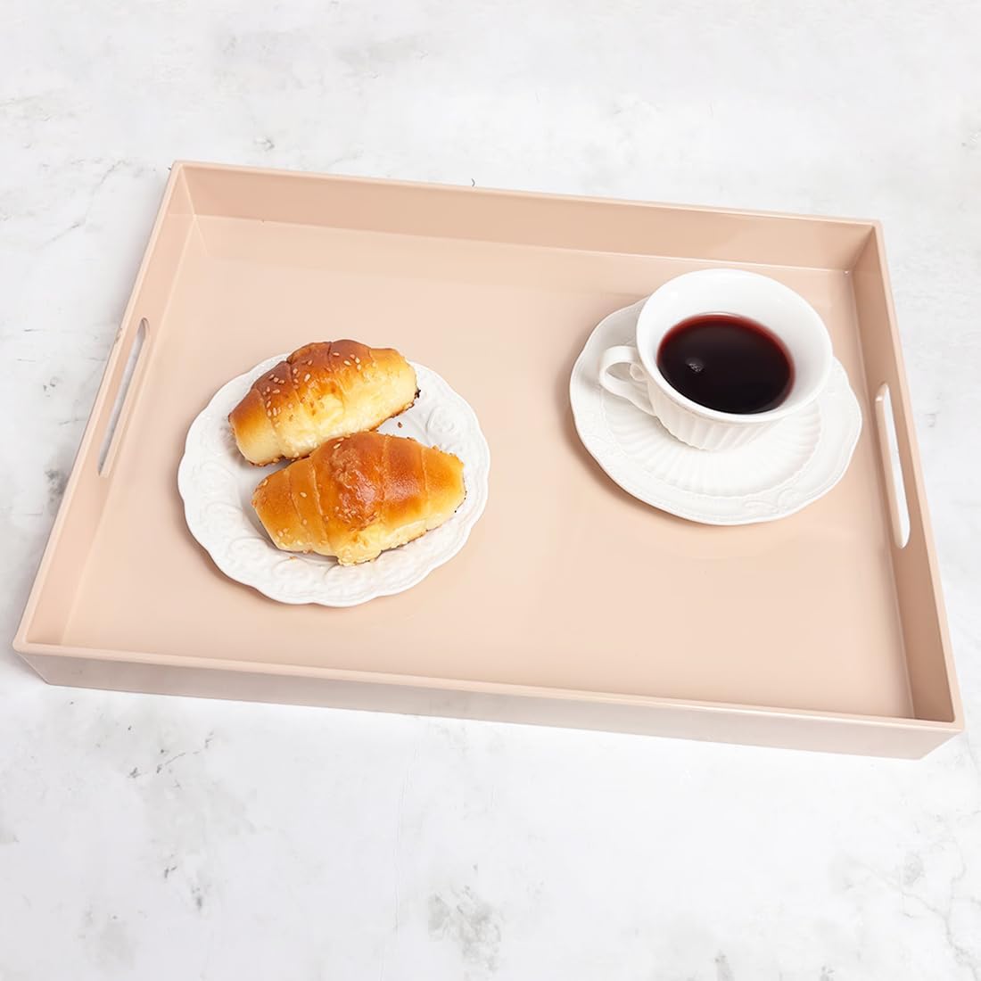 Beige Decorative Tray, Rectangular Large Serving Tray with Handles, Plastic Coffee Table Tray for