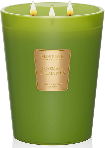 M&SENSE Rosemary Eucalyptus Scented Candle 35oz 150H Burn Time Long Lasting, 3-Wick Natural