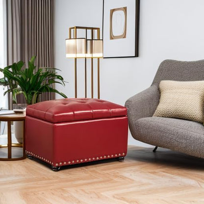 24'' Leather Storage Ottoman Rectangular Foot Rest Stool with Nailhead Trim for Bedroom Living