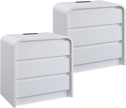 25" Tall Modern Nightstand Set of 2, 23.6" Wide Wood Bedside Table with Charging Station, 3 Storage