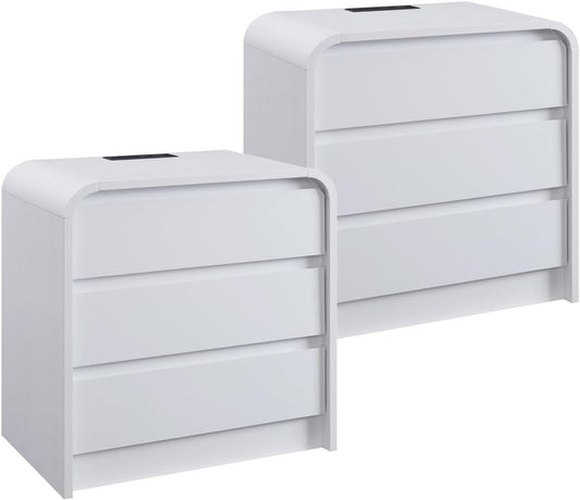 25" Tall Modern Nightstand Set of 2, 23.6" Wide Wood Bedside Table with Charging Station, 3 Storage