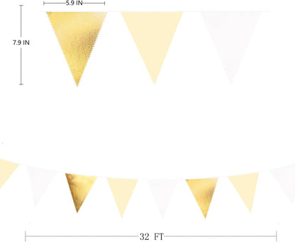 White and Gold Party Decorations Gold Beige White Fabric Triangle Pennant Banner Flag Bunting