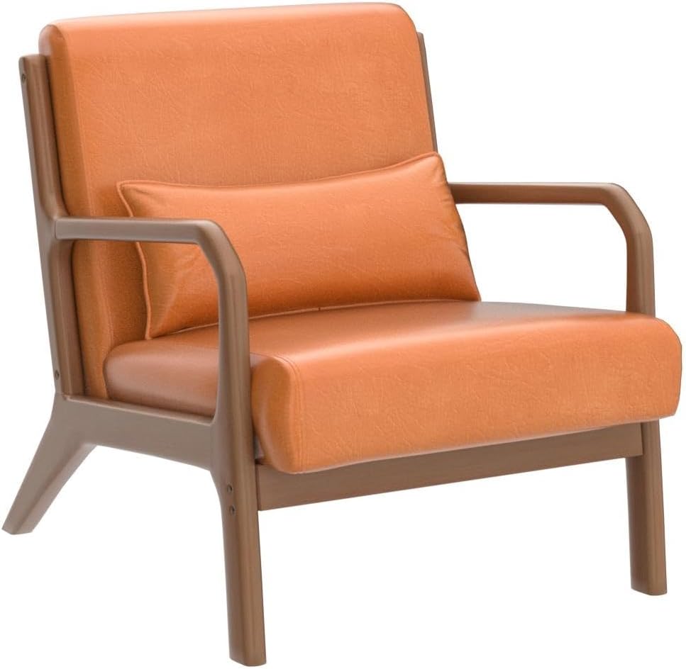 Glitzhome 30" H Mid Century Yellowish Brown Accent Armchair, Single Reading Sofa, PU Leather Lounge