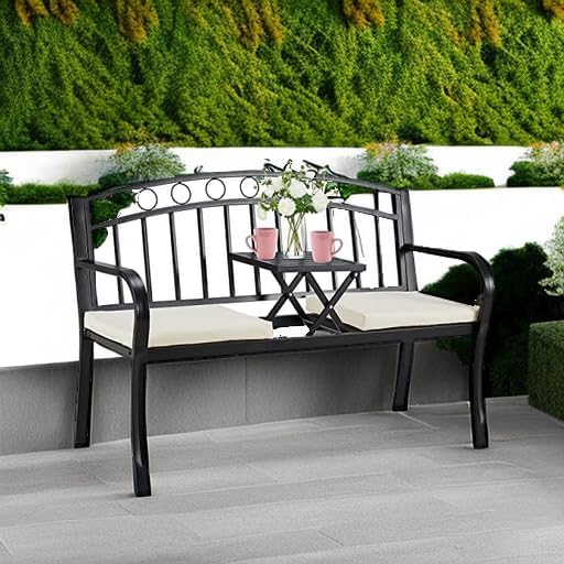 AVAWING Outdoor Metal Garden Bench, 2-Seat Patio Porch Bench with Steel Frame, Park Bench w/Pullout