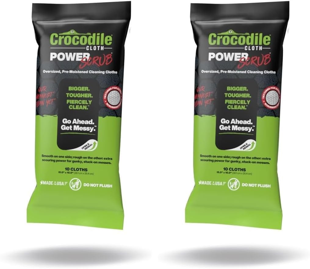 Crocodile Cloth PowerScrub - 10 Dual Surfaced Cloths, 10in X 15in. Large, Moist, Absorbent and