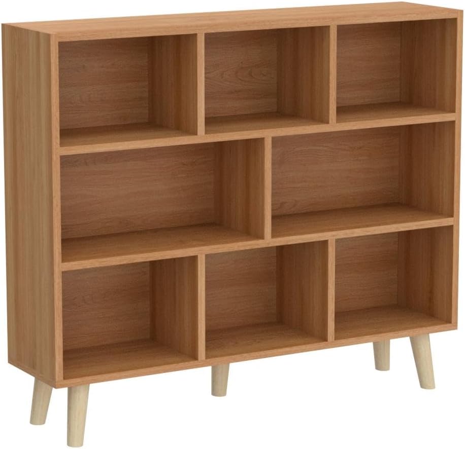 IOTXY Wooden Open Shelf Bookcase - 3-Tier Floor Standing Display Cabinet Rack with Legs, 8 Cubes